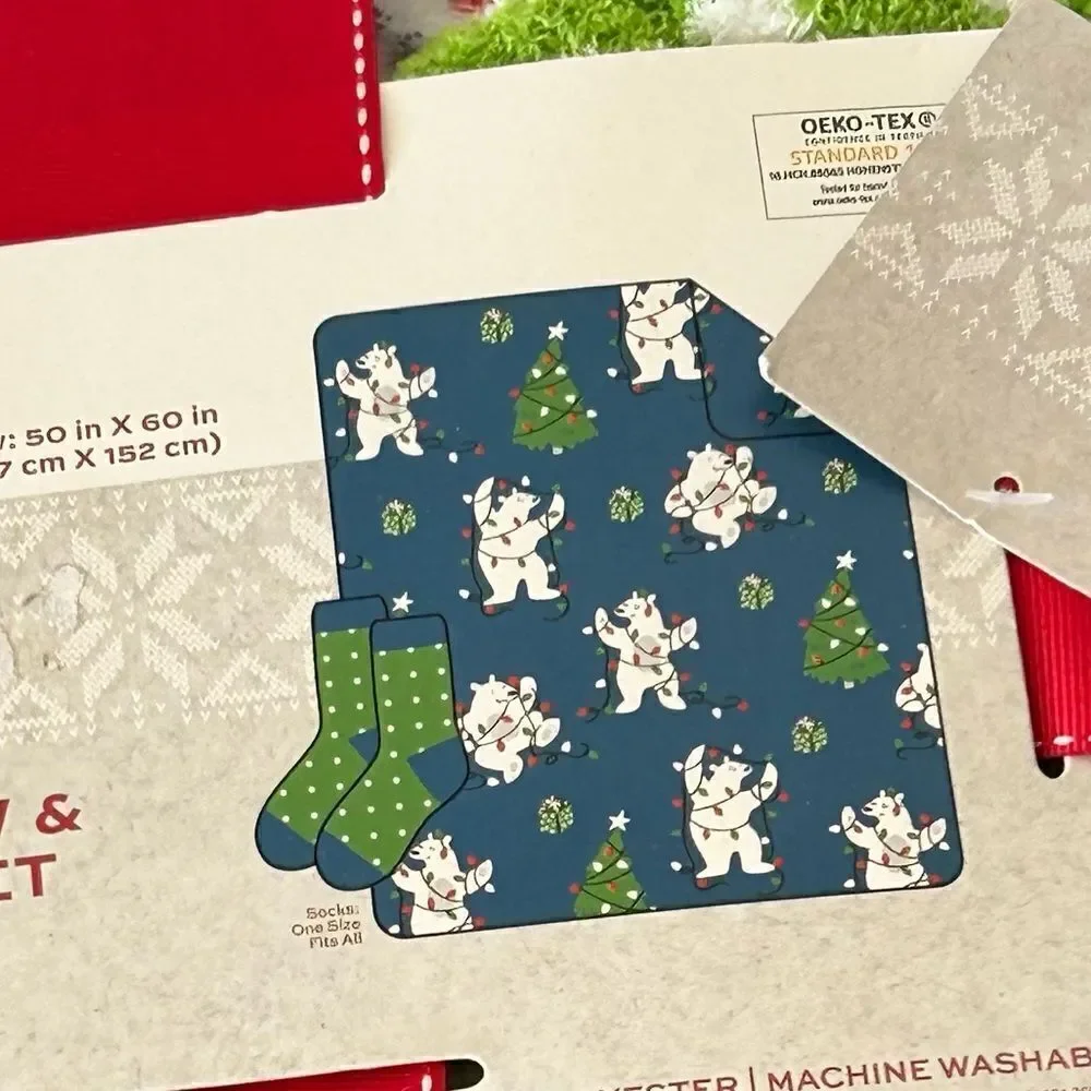 North Pole Polar Bear Christmas Blanket and Socks NWT